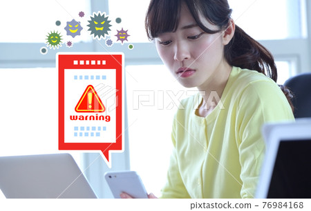 Image of a woman who is in trouble because her smartphone is infected with a virus Image of a woman who is in trouble because her smartphone is infected with a virus 76984168