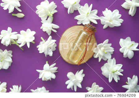 eucalyptus essential oils in a glass bottle and flower on purple background eucalyptus essential oils in a glass bottle and flower on purple background 76984209