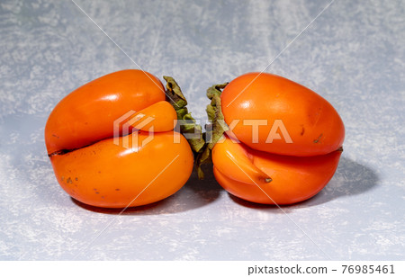Two ugly orange persimmons are lying on light grey textured backdrop close up. Zero waste food concept. Fresh healthy organic fruits. Reasonable sustainable consumption of food. 76985461