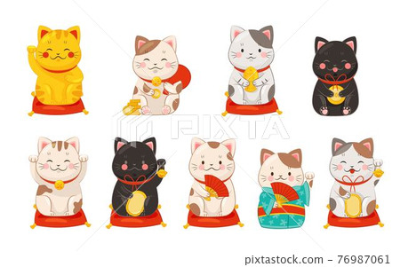 Maneki-neko Cat with Raised Paw as Ceramic Japanese Figurine Bringing Good Luck Vector Set 76987061