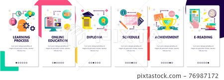 Web site onboarding screens. Online education and learning process. Menu vector banner template for website and mobile app development. Modern design flat illustration. 76987172