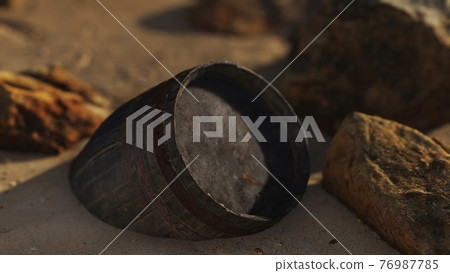 old wooden barrel at sand beach old wooden barrel at sand beach 76987785