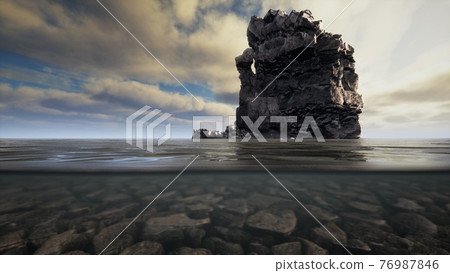 ocean seascape with sky and ocean wave splitted by waterline to underwater part 76987846