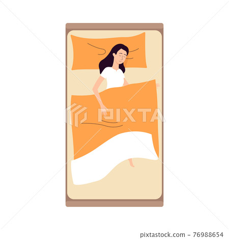 Top view on young woman overcome insomnia sleep in bed on pillow under blanket Top view on young woman overcome insomnia sleep in bed on pillow under blanket 76988654