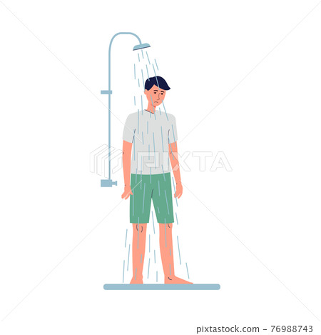 Lonely unhappy man standing under shower, flat vector illustration isolated. Lonely unhappy man standing under shower, flat vector illustration isolated. 76988743
