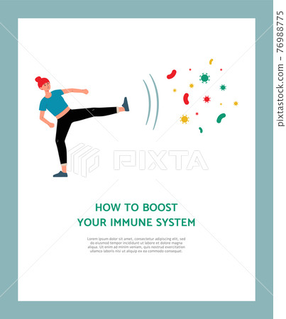 Boosting immune banner with woman kicking viruses, flat vector illustration. Boosting immune banner with woman kicking viruses, flat vector illustration. 76988775