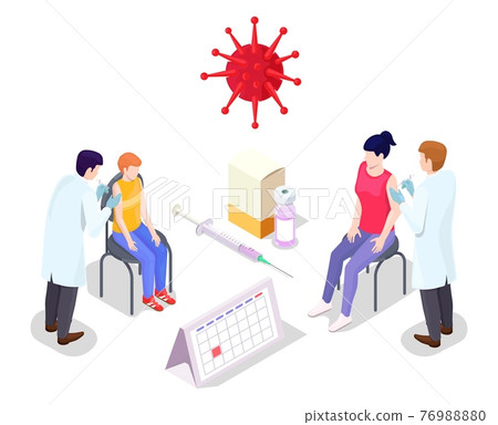 Covid coronavirus vaccination concept vector illustration isometric style. Covid-19 vaccine. Doctor makes an injection of flu vaccine to woman in hospital. People immunity and virus protection Covid coronavirus vaccination concept vector illustration isometric style. Covid-19 vaccine. Doctor makes an injection of flu vaccine to woman in hospital. People immunity and virus protection 76988880