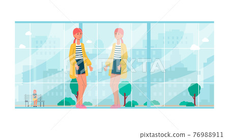 Happy smiling girl look at reflection in storefront with positive self acceptance 76988911