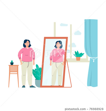 Cartoon woman looking in mirror and smiling - confident girl Cartoon woman looking in mirror and smiling - confident girl 76988928
