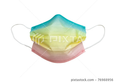 front view of rainbow color disposable face mask isolated on white background 76988956