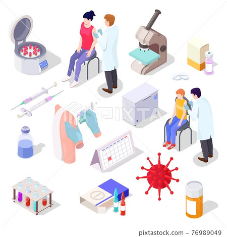 Vaccine reserch isometric icons set. Covid vaccination icons representing stages of vaccine development with laboratory equipment and vaccination proccess, vector illustration Vaccine reserch isometric icons set. Covid vaccination icons representing stages of vaccine development with laboratory equipment and vaccination proccess, vector illustration 76989049