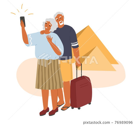 Senior travel activity and summer vacation. Happy elderly couple traveling the world together, flat vector illustration. Senior travel activity and summer vacation. Happy elderly couple traveling the world together, flat vector illustration. 76989096
