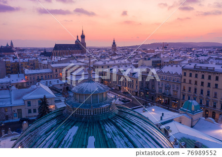 Snowy winter in Krakow Poland aerial view. Snowy winter in Krakow Poland aerial view. 76989552
