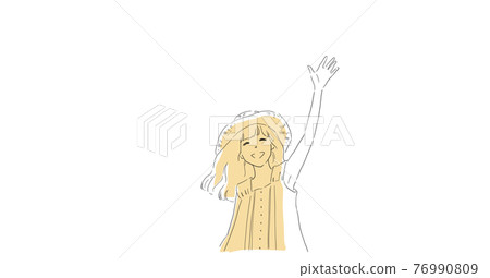 Girl in a straw hat waving 76990809