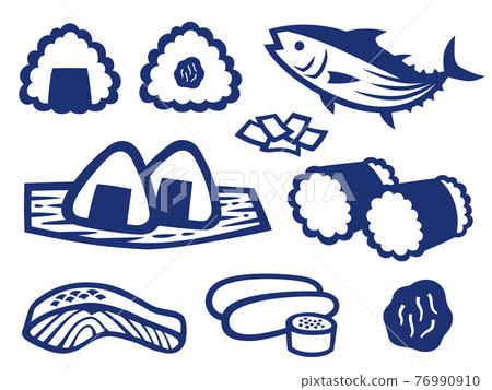 Paper-cutting illustration set of rice balls and ingredients Paper-cutting illustration set of rice balls and ingredients 76990910