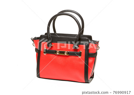 red female bag with black handles on a white background red female bag with black handles on a white background 76990917
