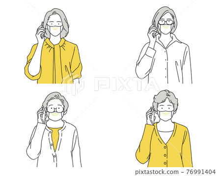 人物插圖 女性設置在智能手機前 說話高級面具 人物插圖 女性設置在智能手機前 說話高級面具 76991404