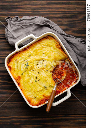 Traditional British dish Shepherd's pie casserole from above Traditional British dish Shepherd's pie casserole from above 76991837
