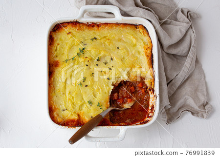 Traditional British dish Shepherd's pie casserole from above Traditional British dish Shepherd's pie casserole from above 76991839