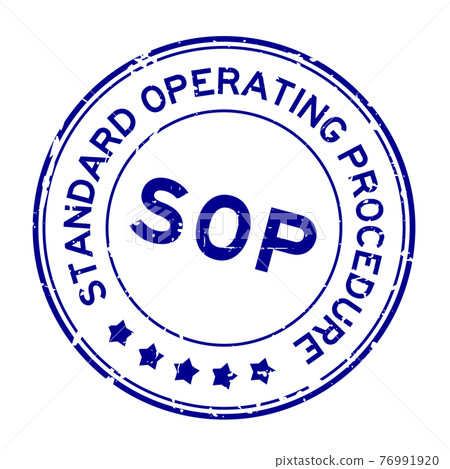 Grunge blue SOP Standard Operating Procedure word round rubber seal stamp on white background 76991920