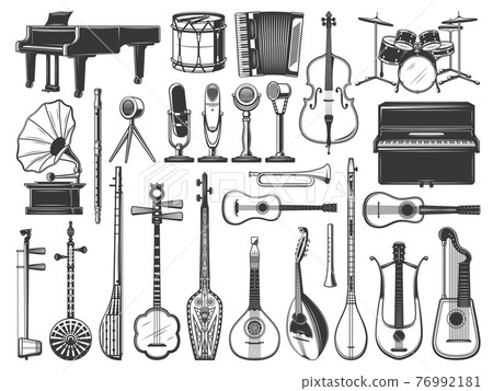 Music instruments icons, drum, violin and guitar 76992181