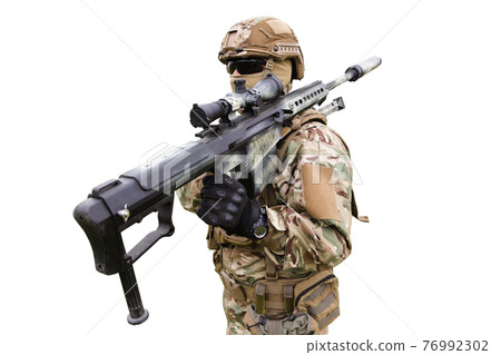 Equipped and armed special forces soldier isolated 76992302