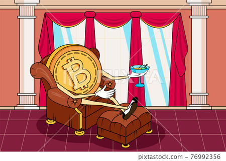 Vector cartoon successful bitcoin memes illustration. Doodle meme image of rich and rising bitcoin drinking martini in armchair amid luxury and wealth. Bitcoin climbs illustration for web posting. Vector cartoon successful bitcoin memes illustration. Doodle meme image of rich and rising bitcoin drinking martini in armchair amid luxury and wealth. Bitcoin climbs illustration for web posting. 76992356