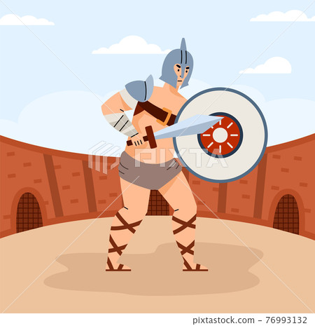 Gladiator with sword and shield standing on arene, cartoon vector illustration. 76993132