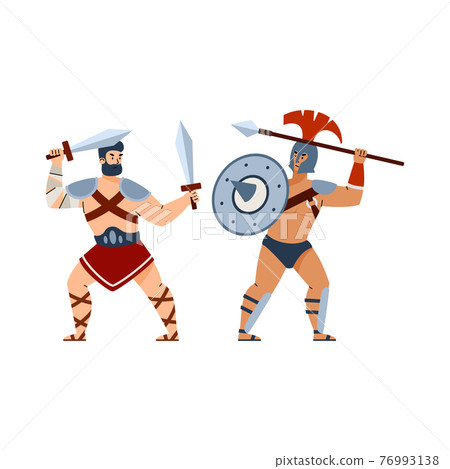 Battle of Greek and Roman ancient gladiators, flat vector illustration isolated. 76993138