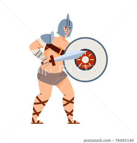 Armed gladiator of era roman empire on arena colosseum in action pose. Armed gladiator of era roman empire on arena colosseum in action pose. 76993140