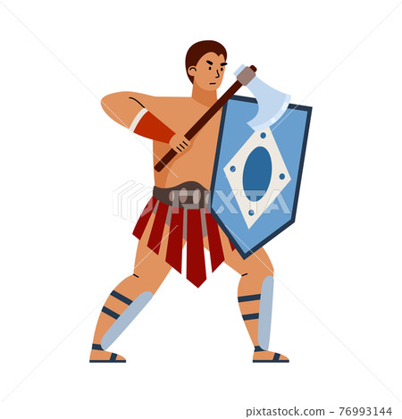 Greek or roman gladiator or legionary with axe flat vector illustration isolated. Greek or roman gladiator or legionary with axe flat vector illustration isolated. 76993144