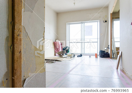 During remodeling work, dismantling site, living room, dining room, craftsman's apartment, indoor window, white, bright image 76993965