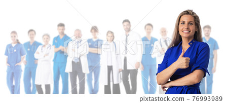 Female patient and team of doctors Female patient and team of doctors 76993989