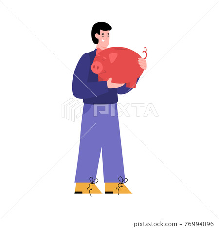 Happy man standing with piggy bank in hands,... - Stock Illustration ...