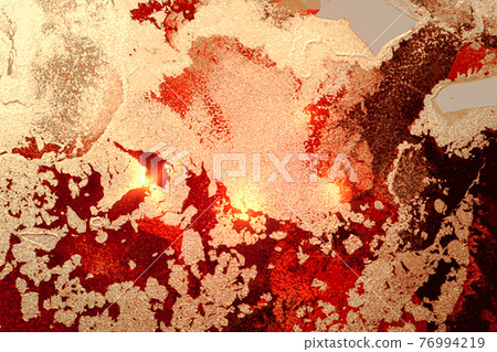 Gold, red and black abstract alcohol ink marble texture 76994219