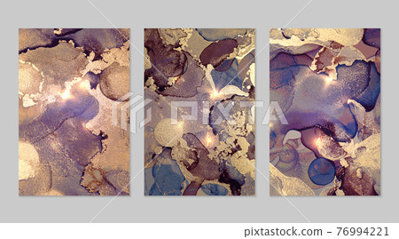 Set of marble patterns. Gold, purple and blue geode textures with glitter Set of marble patterns. Gold, purple and blue geode textures with glitter 76994221