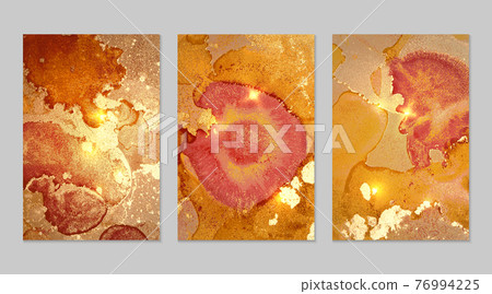Set of marble patterns. Orange and gold geode textures with glitter Set of marble patterns. Orange and gold geode textures with glitter 76994225