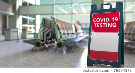 COVID-19 testing text and flag of Poland on a sandwich board sign in the airport terminal, 3D rendering COVID-19 testing text and flag of Poland on a sandwich board sign in the airport terminal, 3D rendering 76994572