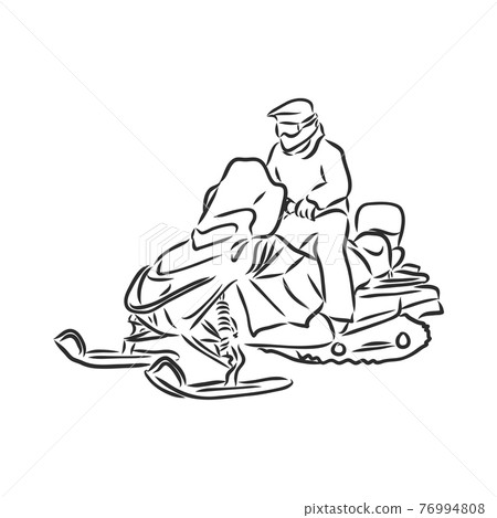 isolated illustration of a rider on a snow scooter , black and white drawing, white background snowmobile vector sketch on white background 76994808