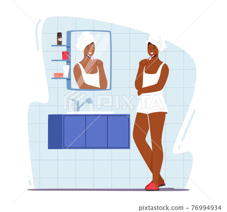Woman Brushing Teeth. Female Character Hygiene Procedure in Bathroom. Young Adorable Girl in Nightwear Every Day Routine 76994934