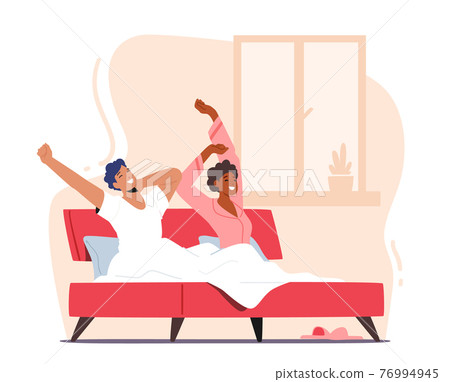People Everyday Routine, Couple Lifestyle. Young Man and Woman Wake Up at Morning, Awaken Happy Characters on Bed People Everyday Routine, Couple Lifestyle. Young Man and Woman Wake Up at Morning, Awaken Happy Characters on Bed 76994945