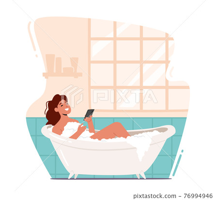 Young Woman Relaxing in Bathtub with Smartphone in Hands. Happy Female Character Hygiene and Beauty Procedure Young Woman Relaxing in Bathtub with Smartphone in Hands. Happy Female Character Hygiene and Beauty Procedure 76994946