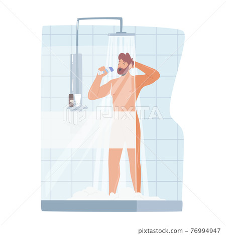Man Singing in Shower, Naked Happy Character Bathing Hygiene Washing Procedure Imagine himself as Singer with Bottle Man Singing in Shower, Naked Happy Character Bathing Hygiene Washing Procedure Imagine himself as Singer with Bottle 76994947