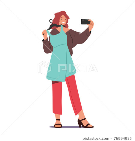 Girl Shoot herself in Dress in Store to get Personal Fashion Stylist Advice while Choose Stylish Clothes via Smartphone 76994955