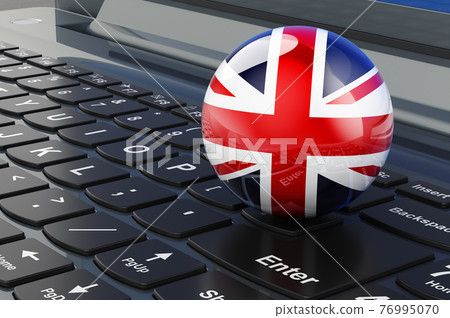 British flag on laptop keyboard. Online business, education, shopping in the Great Britain concept. 3D rendering British flag on laptop keyboard. Online business, education, shopping in the Great Britain concept. 3D rendering 76995070
