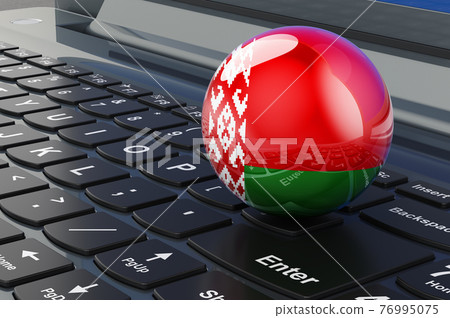 Belarusian flag on laptop keyboard. Online business, education, shopping in Belarus concept. 3D rendering Belarusian flag on laptop keyboard. Online business, education, shopping in Belarus concept. 3D rendering 76995075