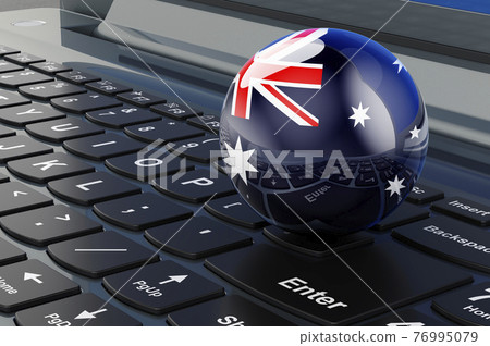 Australian flag on laptop keyboard. Online business, education, shopping in Australia concept. 3D rendering Australian flag on laptop keyboard. Online business, education, shopping in Australia concept. 3D rendering 76995079