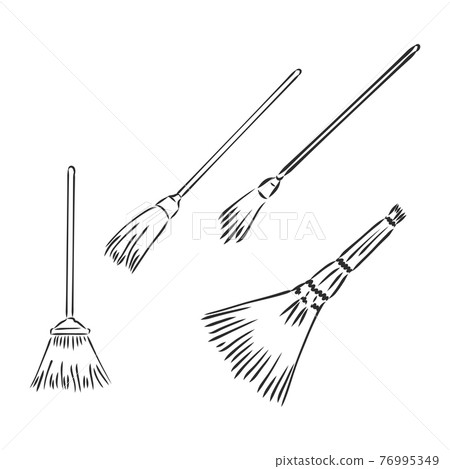 Black outline vector broom on white background. Black outline vector broom on white background. 76995349