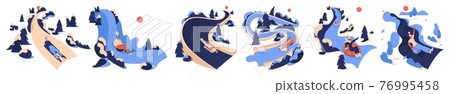 Vector collection of people sledding in landscape. Blue winter park and women riding sled. Tubing, bobsled, ice blocking, luge, skeleton and wok racing Vector collection of people sledding in landscape. Blue winter park and women riding sled. Tubing, bobsled, ice blocking, luge, skeleton and wok racing 76995458
