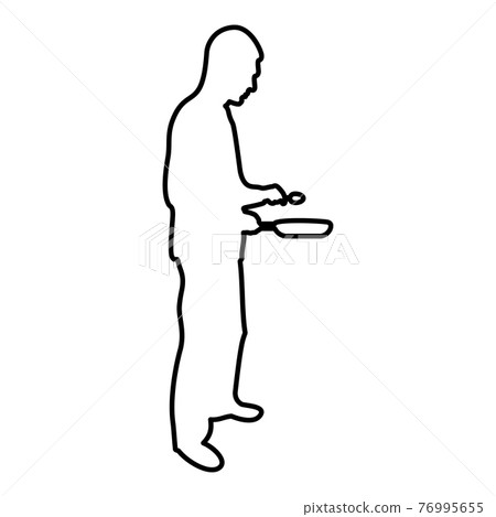 Man holds frying pan spoon Chef holding kitchen Man holds frying pan spoon Chef holding kitchen 76995655